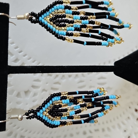 Chic Beaded Fringe Earrings in Black, Blue, and Gold - Picture 1 of 4